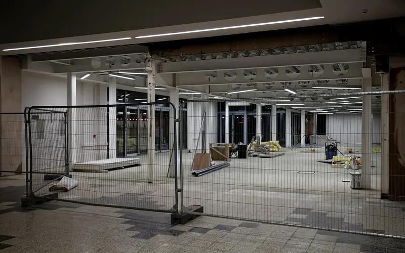 Commercial building under construction with scaffolding